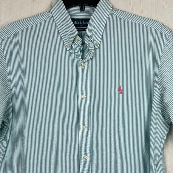 Ralph Lauren Seersucker Shirt men's Large classic fit, blue\ white stripe - Picture 3 of 5